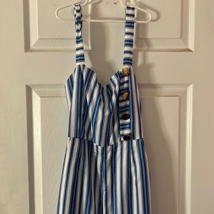 blue and white pinstripe jumpsuit